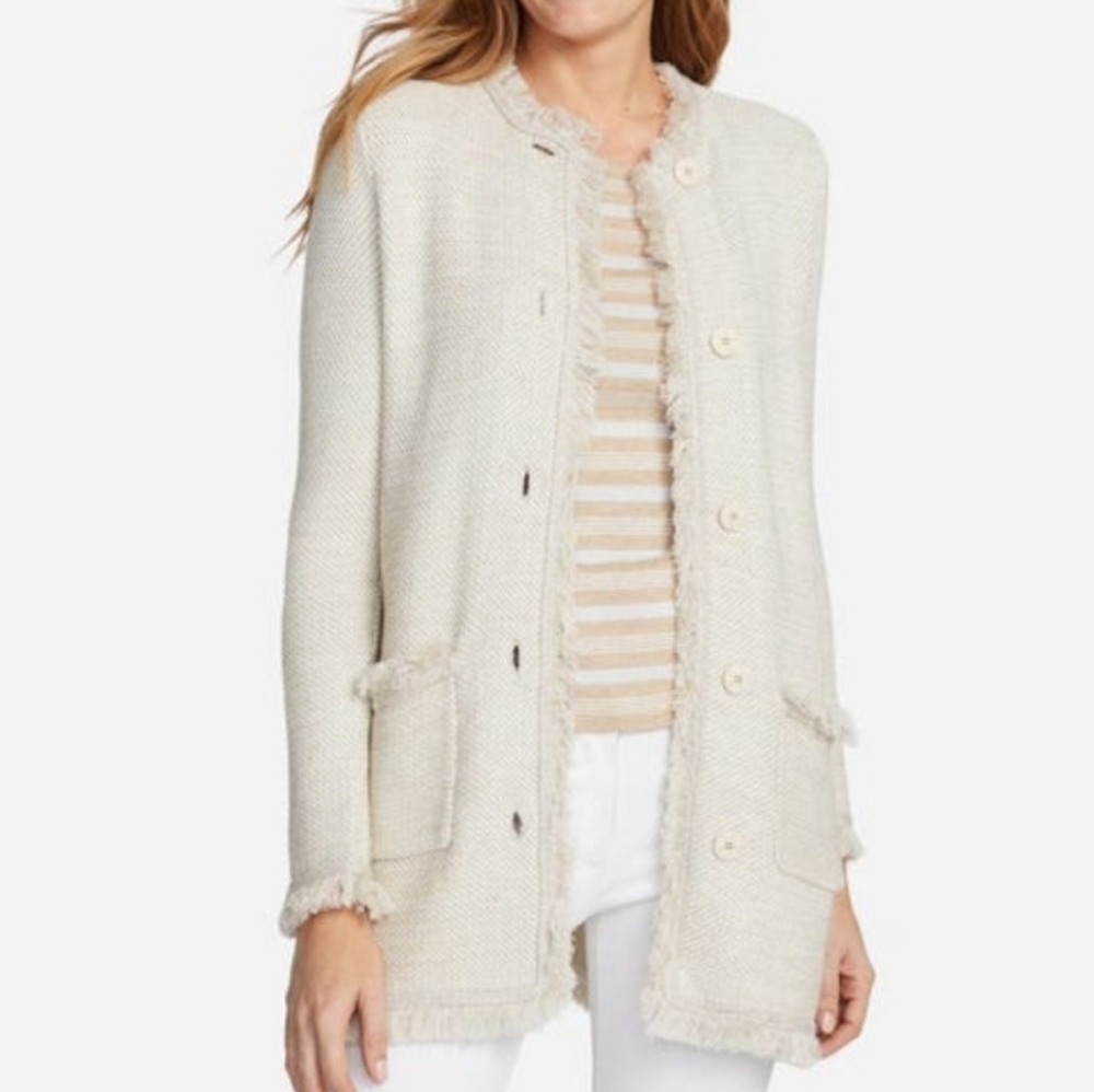 J. Mclaughlin Lexa Fringe Cardigan Sweater With Pockets Beige Cream Size Medium